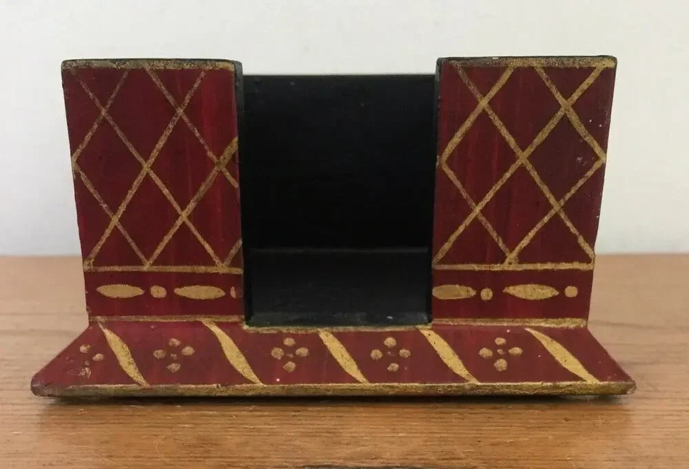 Foreside Vtg Antique Primitive Style Red Gold Desk Organizer Square Box 4.75